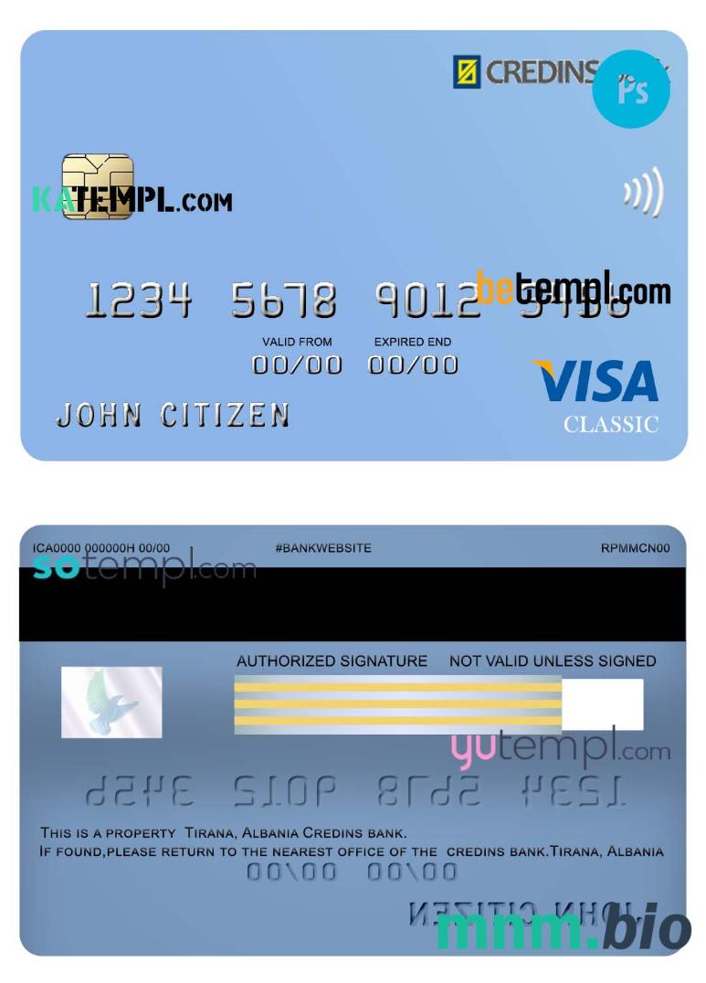 Albania Credins bank visa debet szablon karty in PSD format, w pełni edytowalne